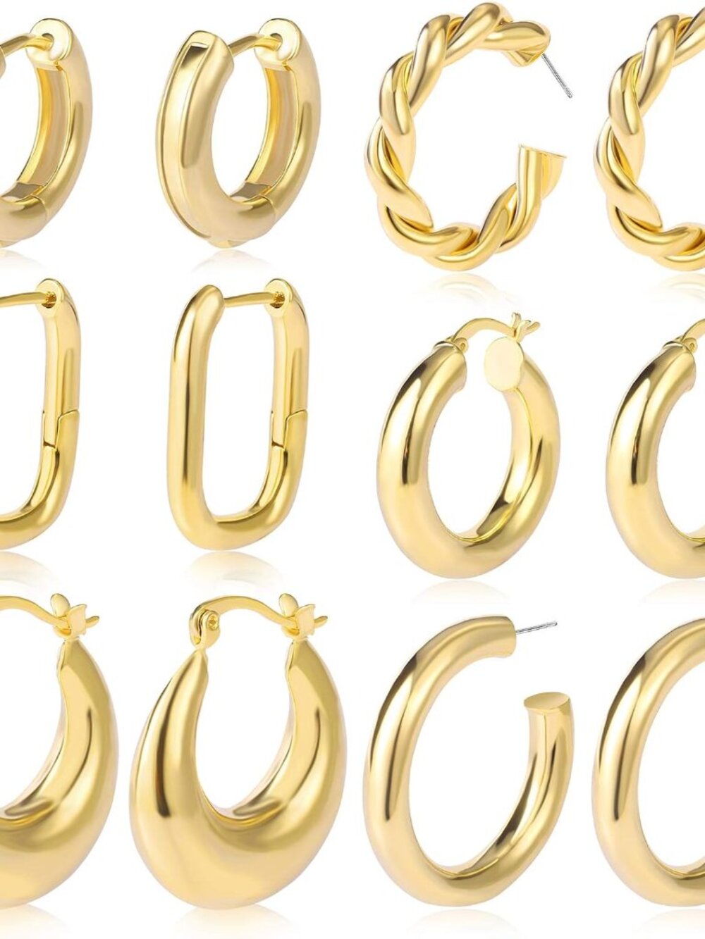 6 Pairs Chunky Gold Hoop Earrings for Women, 14K Gold Plated Hypoallergenic | 6